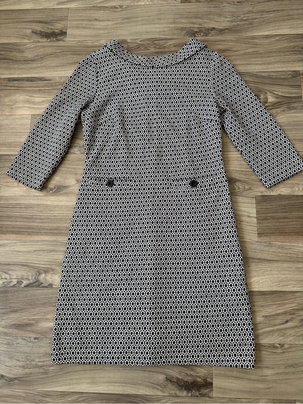 Boden Geometric Print Knit Mod Retro Shift Dress Peter Pan Collar Size US 6 Peti